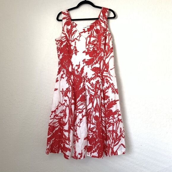 Coldwater Creek Dress Women 12 White Red Floral 100% Linen Pleated Beach Coastal - Picture 1 of 8